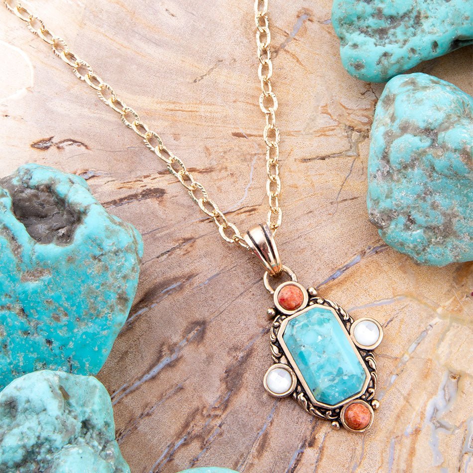 Barse Jewelry Champs Blue Turquoise and Orange Coral Golden Pendant Necklace