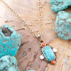 Barse Jewelry Champs Blue Turquoise and Orange Coral Golden Pendant Necklace