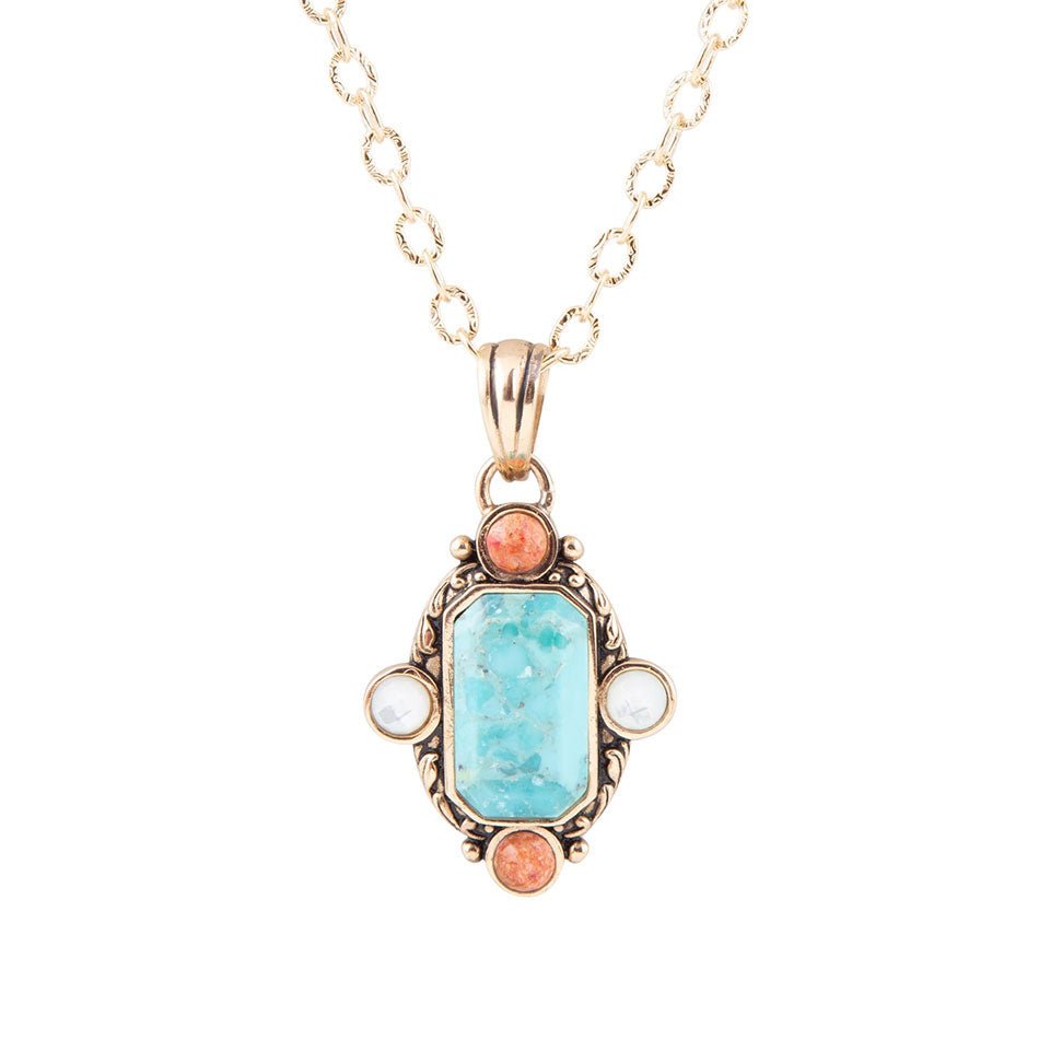 Barse Jewelry Champs Blue Turquoise and Orange Coral Golden Pendant Necklace