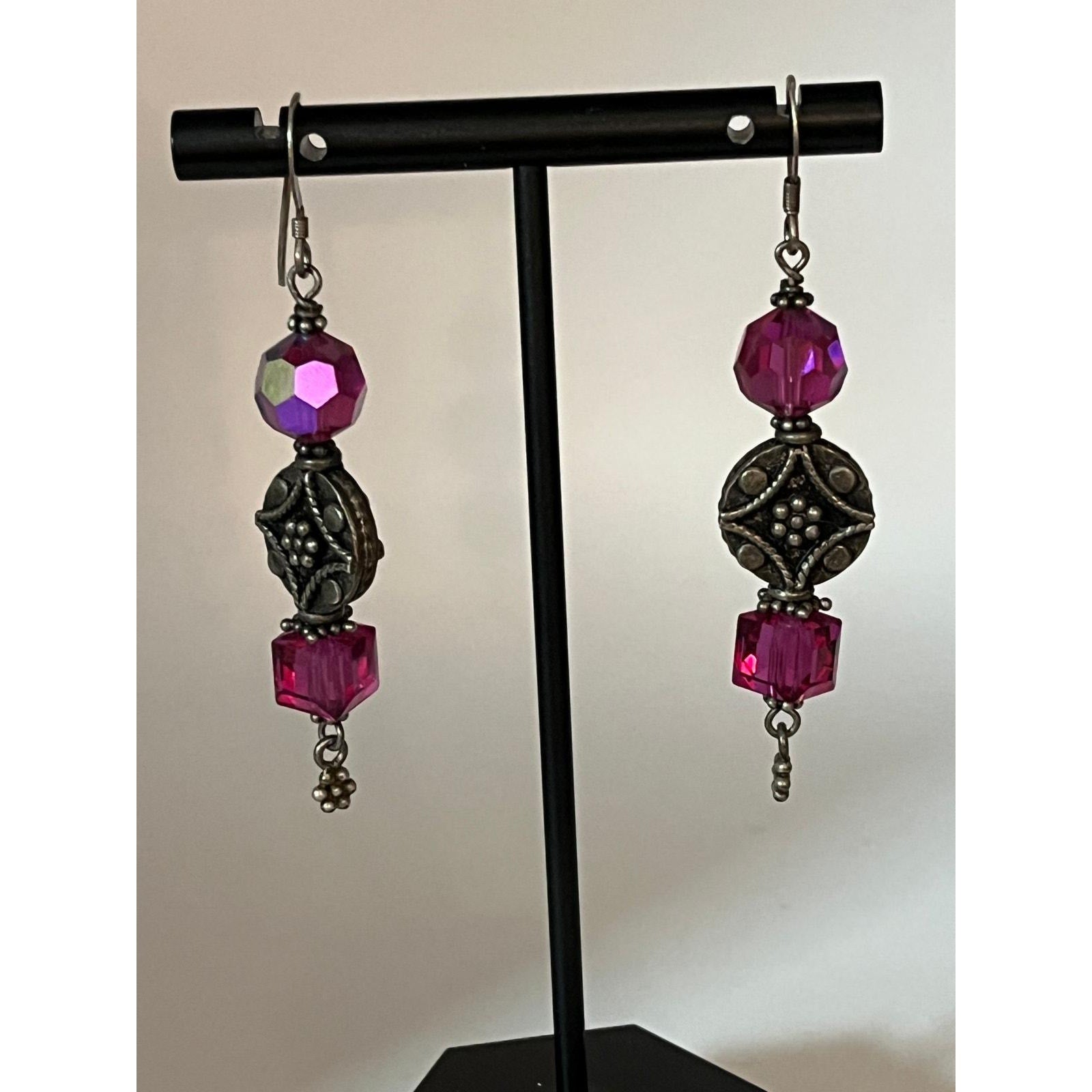 Vintage sterling silver and rose glass earrings 2 1/2"