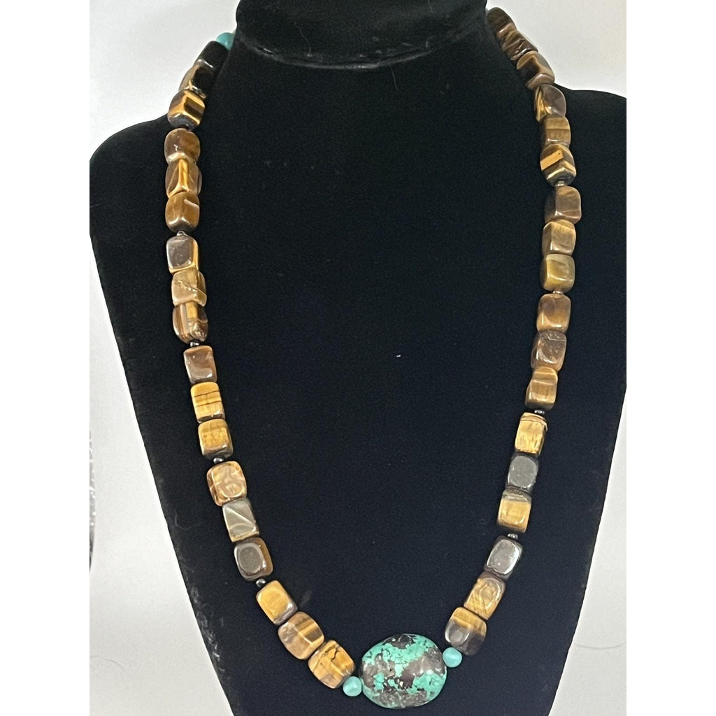 Native American Natural Tiger's Eye and Turquoise Necklace Adjustable