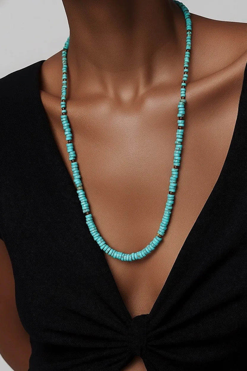 Native American Handmade Turquoise Graduated Necklace with Seashell Heishi