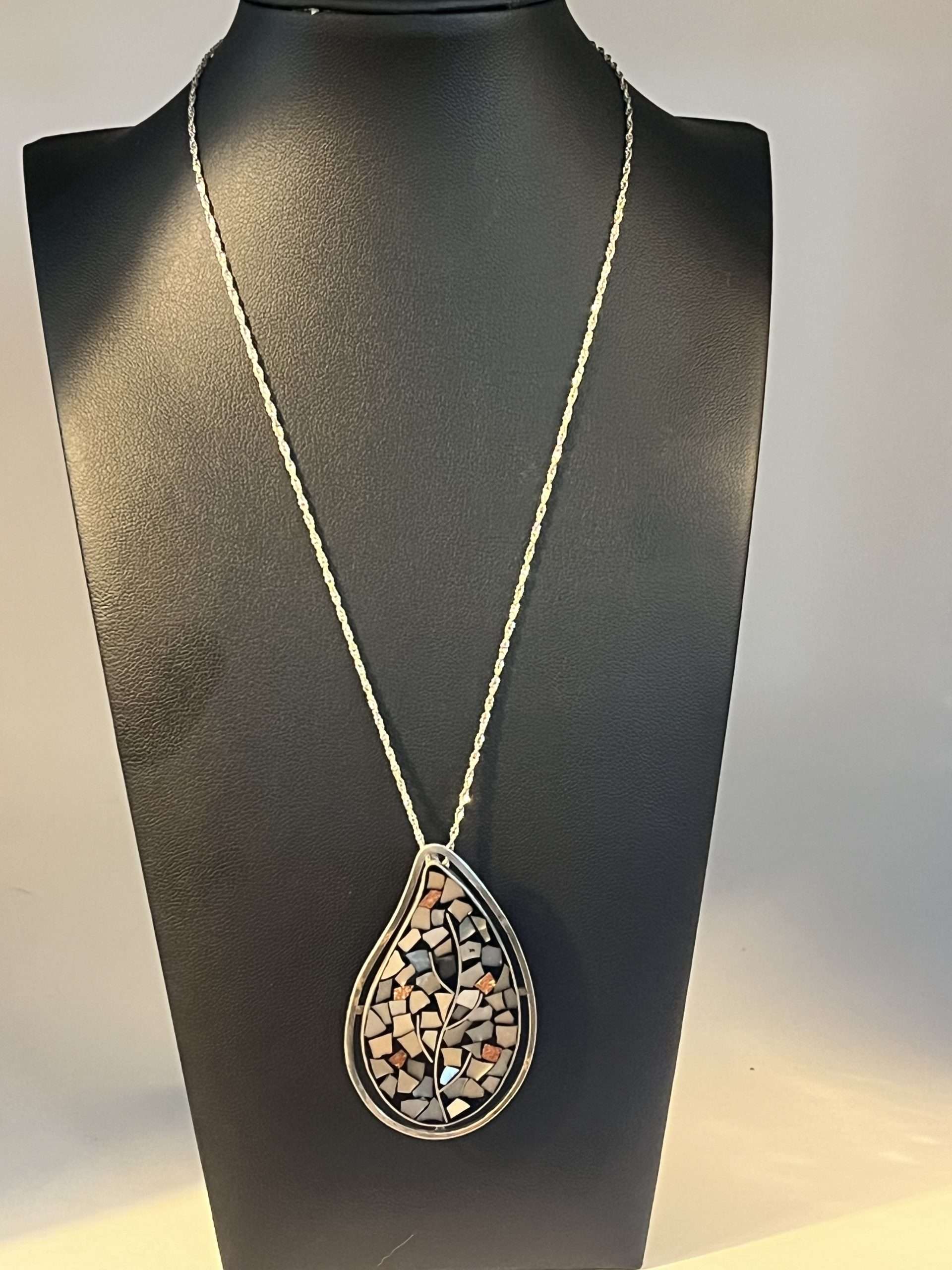 Vintage Reuven Inlaid MOP Pendant Sterling Silver Necklace