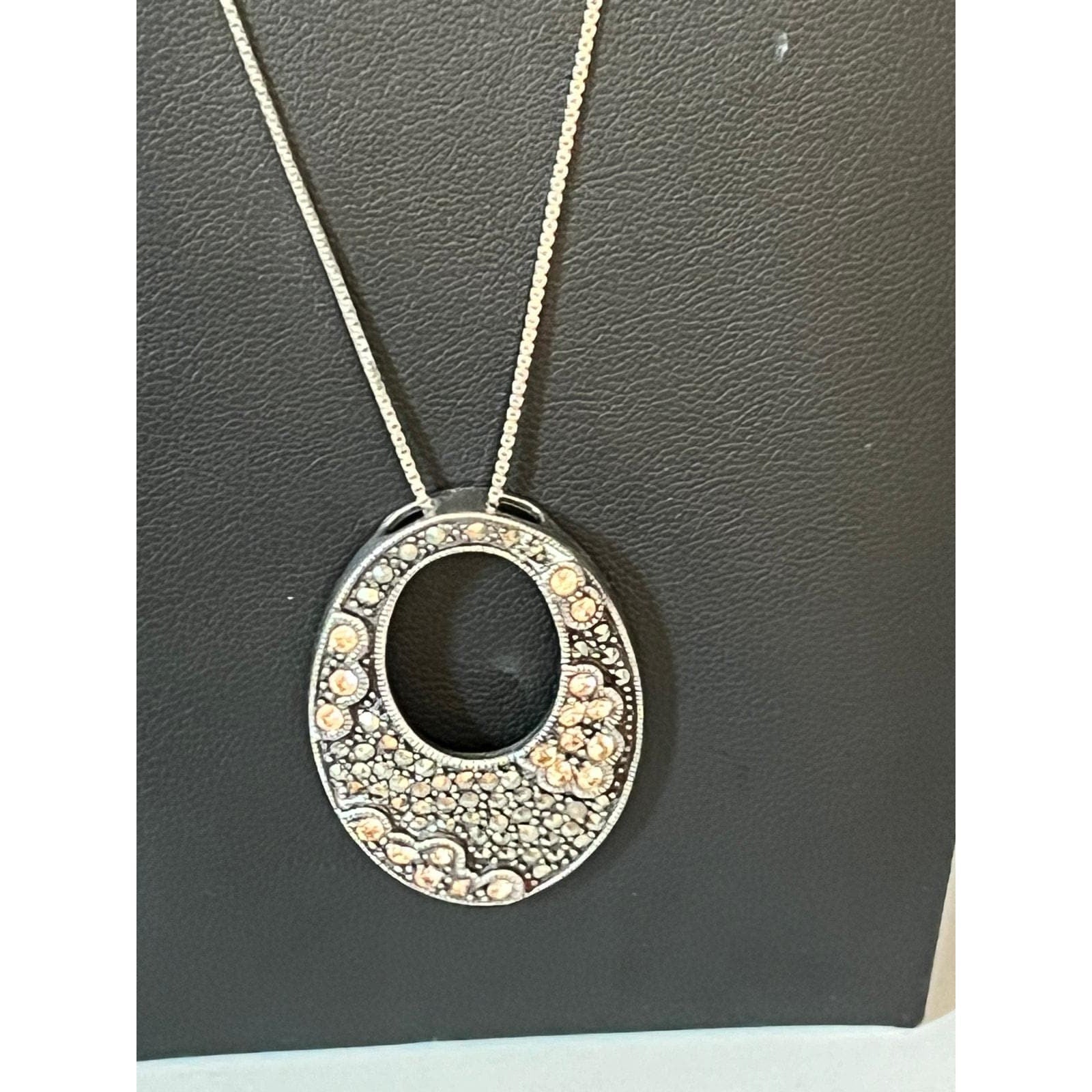 Sterling silver pink rhinestones marcasite pendant necklace