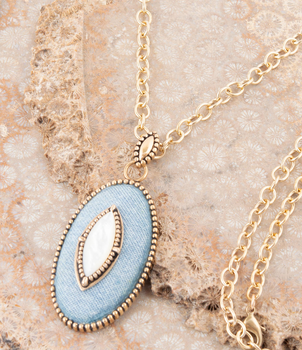 Barse Jewelry Blue Denim Dreams White Mother of Pearl Golden Pendant Necklace