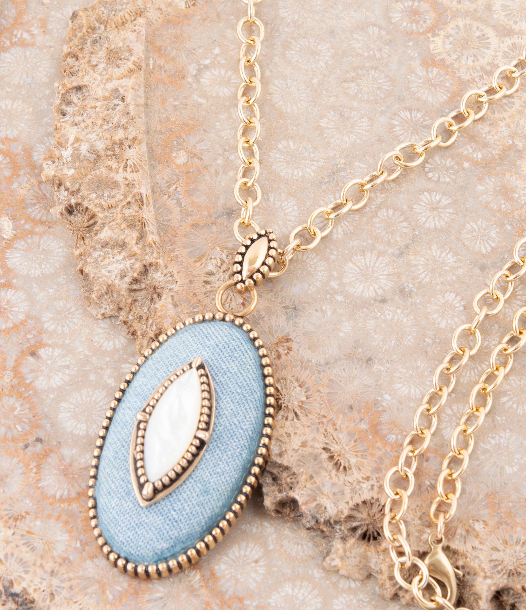 Barse Jewelry Blue Denim Dreams White Mother of Pearl Golden Pendant Necklace