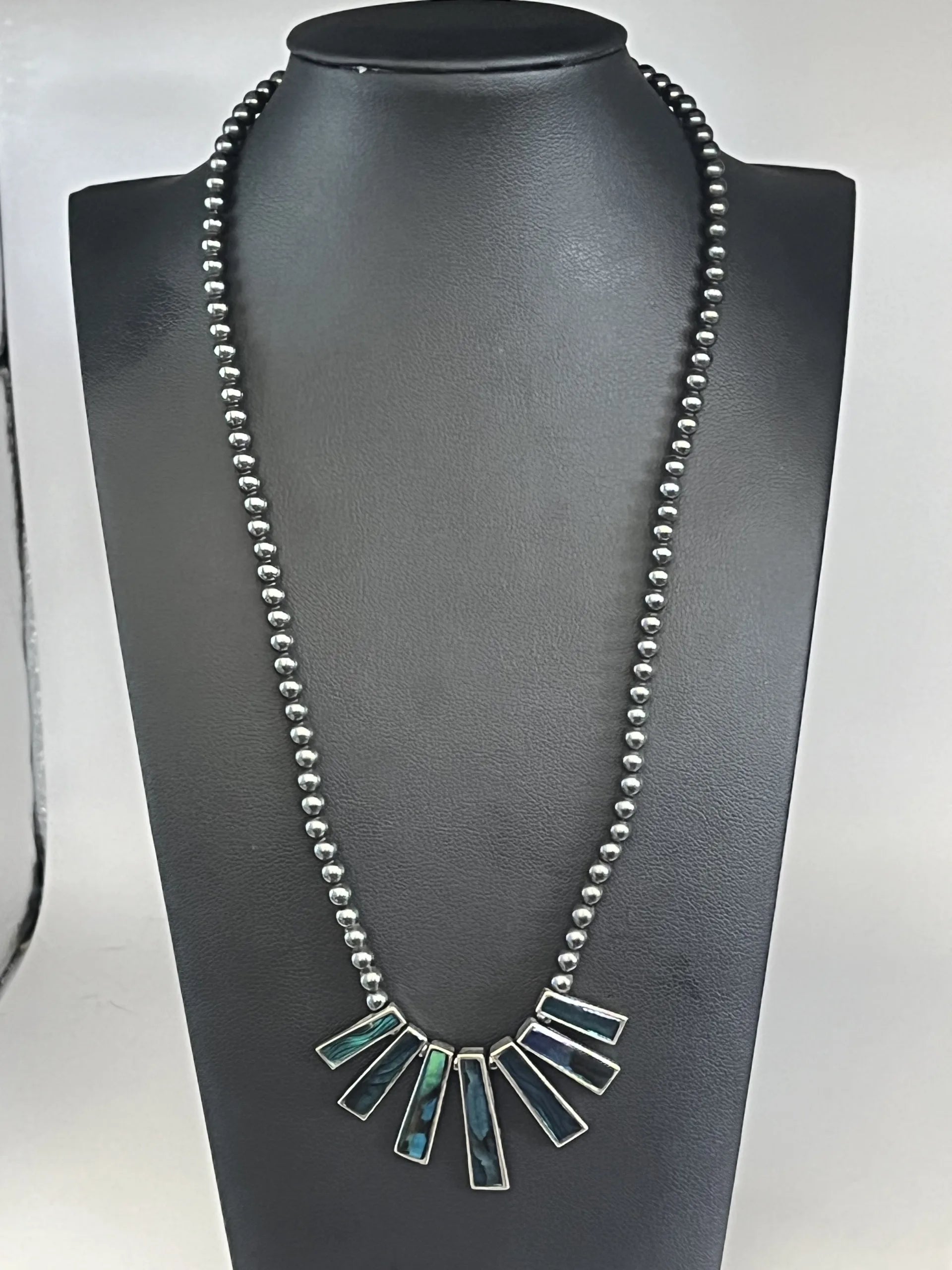 Vintage Hematite Beaded Green Blue Stone Pendant Necklace