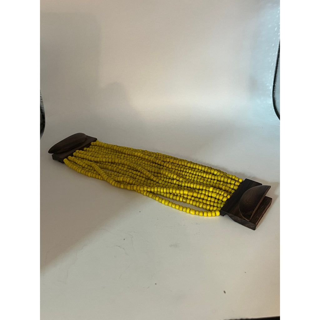 Handmade Yellow Seed Bead Wood Latched Bracelet