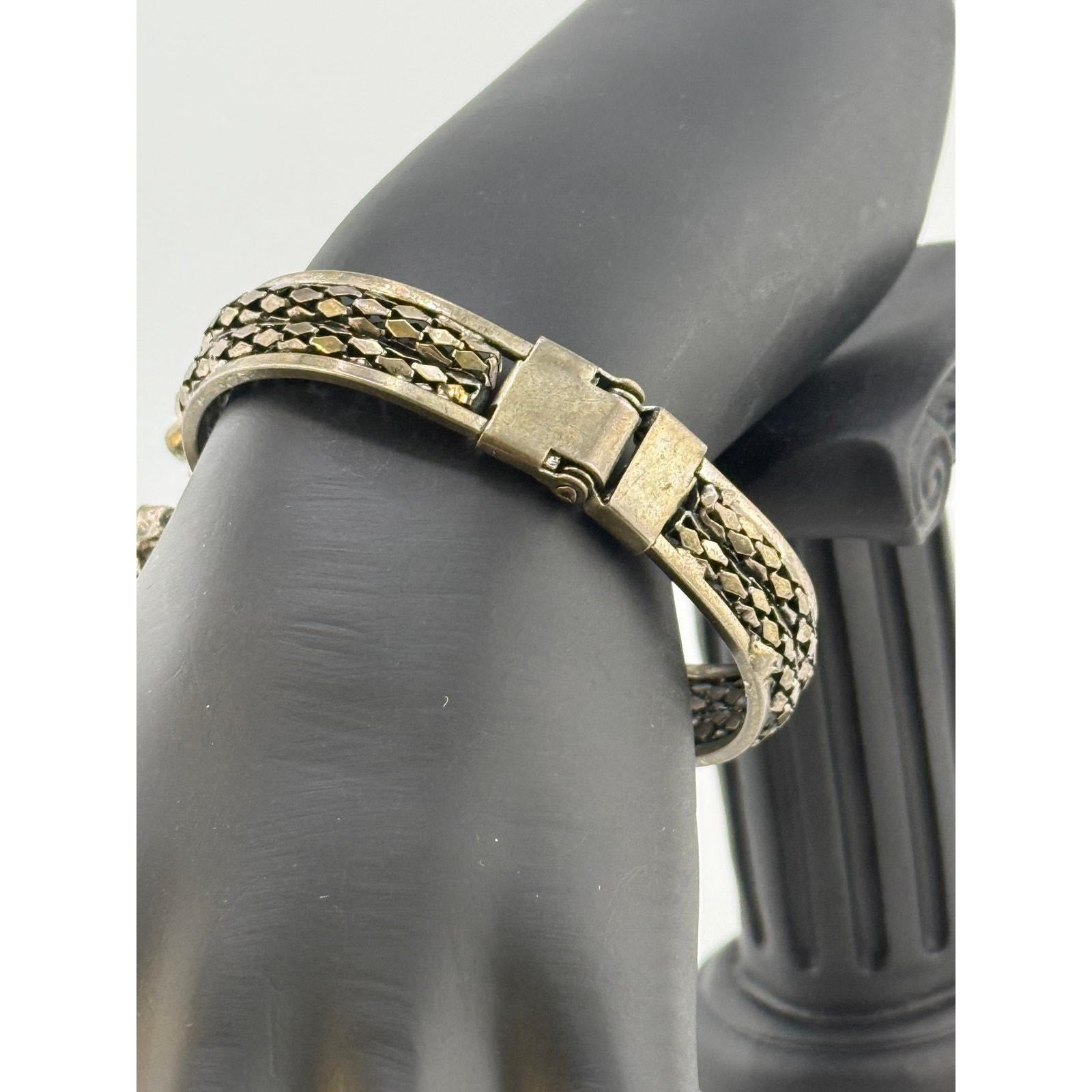 Vintage Sterling Silver Raised Rhinestone Flair Hinged Bracelet