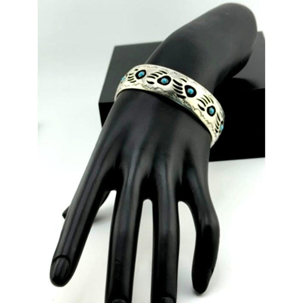 Navajo Bear Claw Turquoise Inset Bracelet Signed Pearlene Spencer