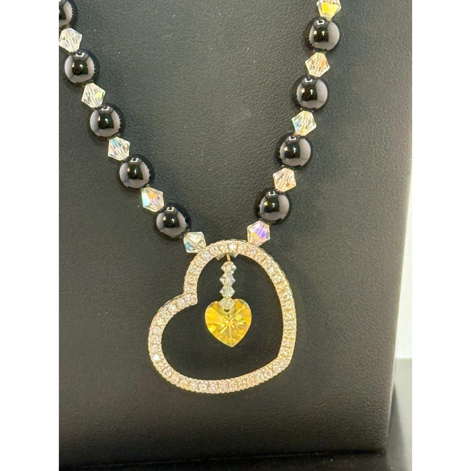 Vintage 925 Sterling Silver Glass and Agate Heart Necklace