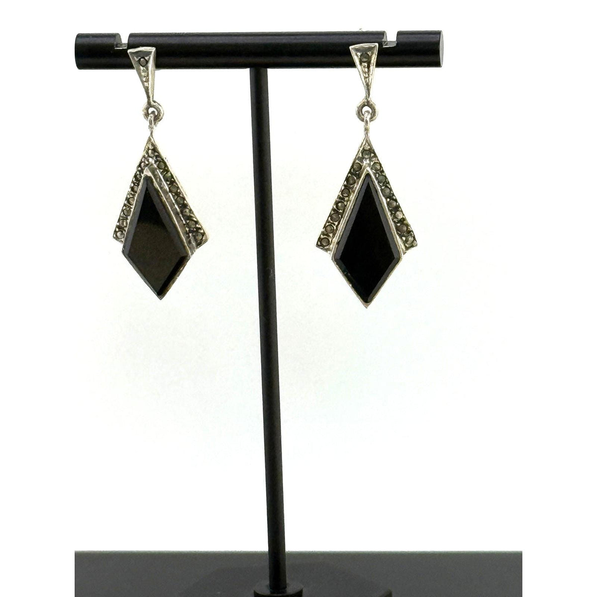 Vintage 925 Sterling Silver Onyx Marcasite Post Earrings