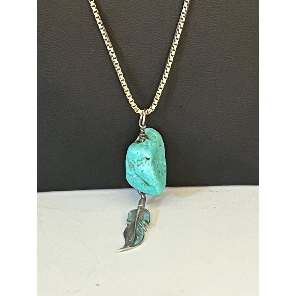 Sterling silver turquoise nugget feather pendant chain necklace