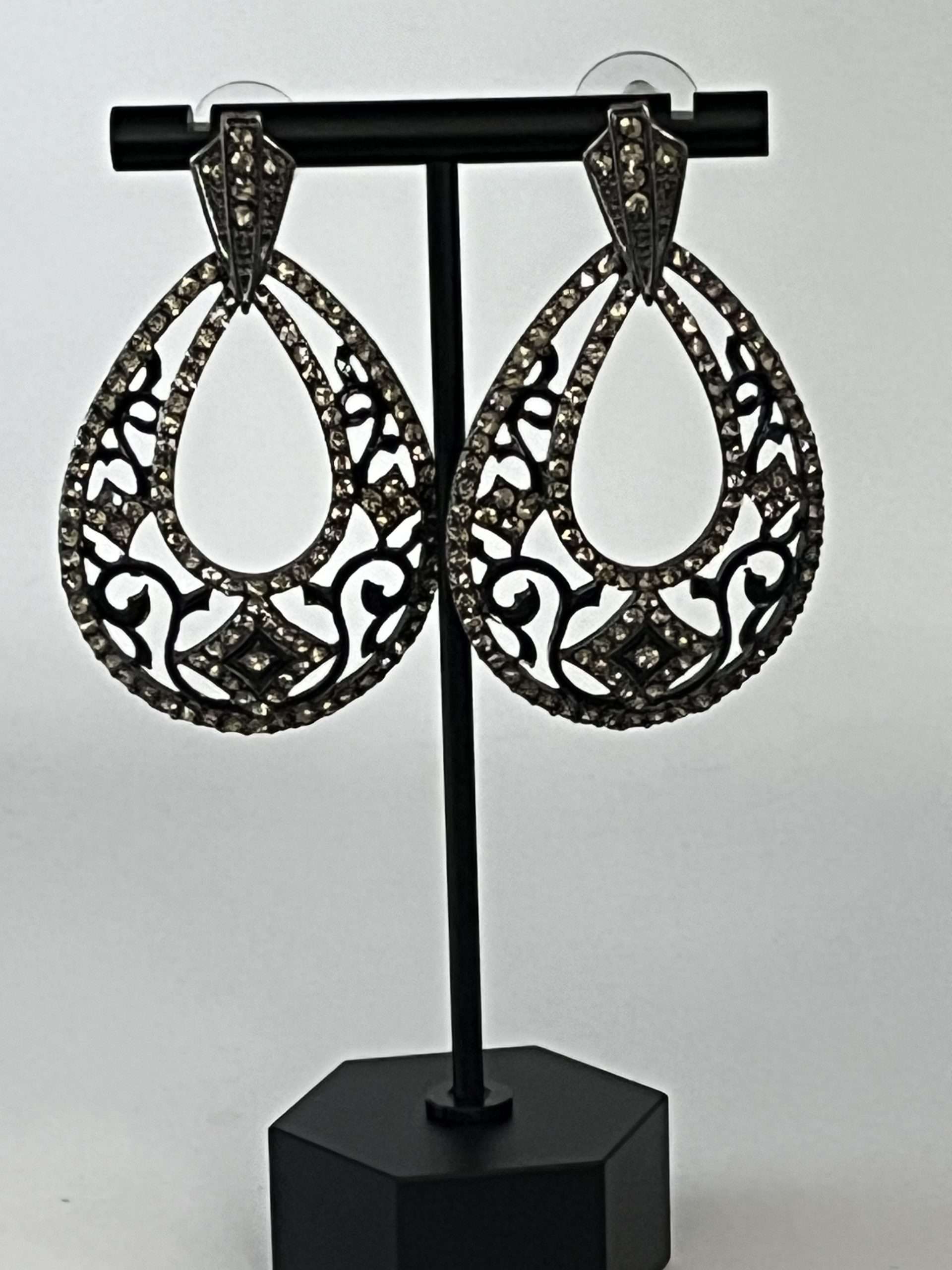 Vintage Silver and Black-Toned Marcasite CZ Gem Earrings