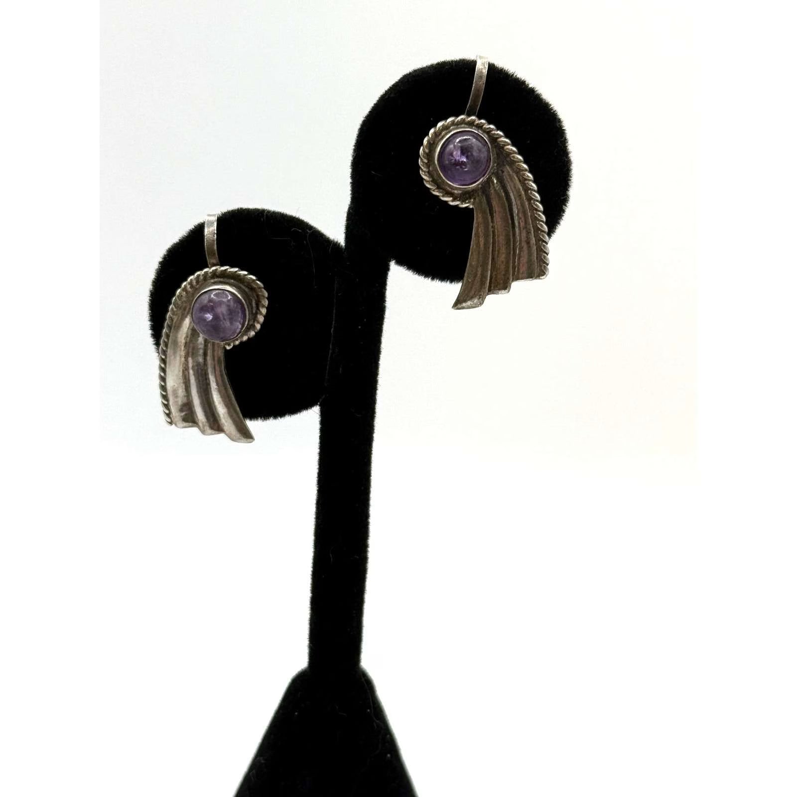 Vintage 925 Sterling Silver Amethyst Mexico Signed Earrings