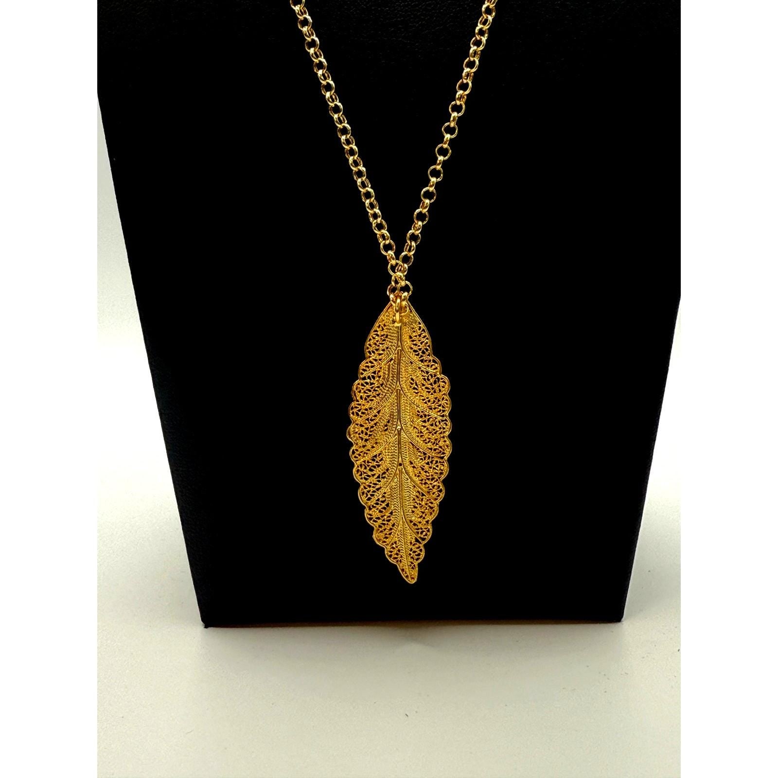 Portuguese Gold Plated Filigree Leaf Pendant Necklace