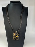 Park Lane Necklace Brown Rectangle Pendant Rhinestone Glass Stones Leather Cord