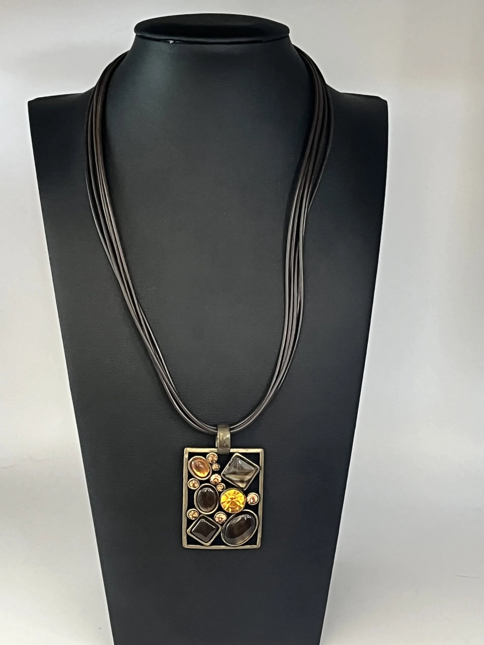 Park Lane Necklace Brown Rectangle Pendant Rhinestone Glass Stones Leather Cord