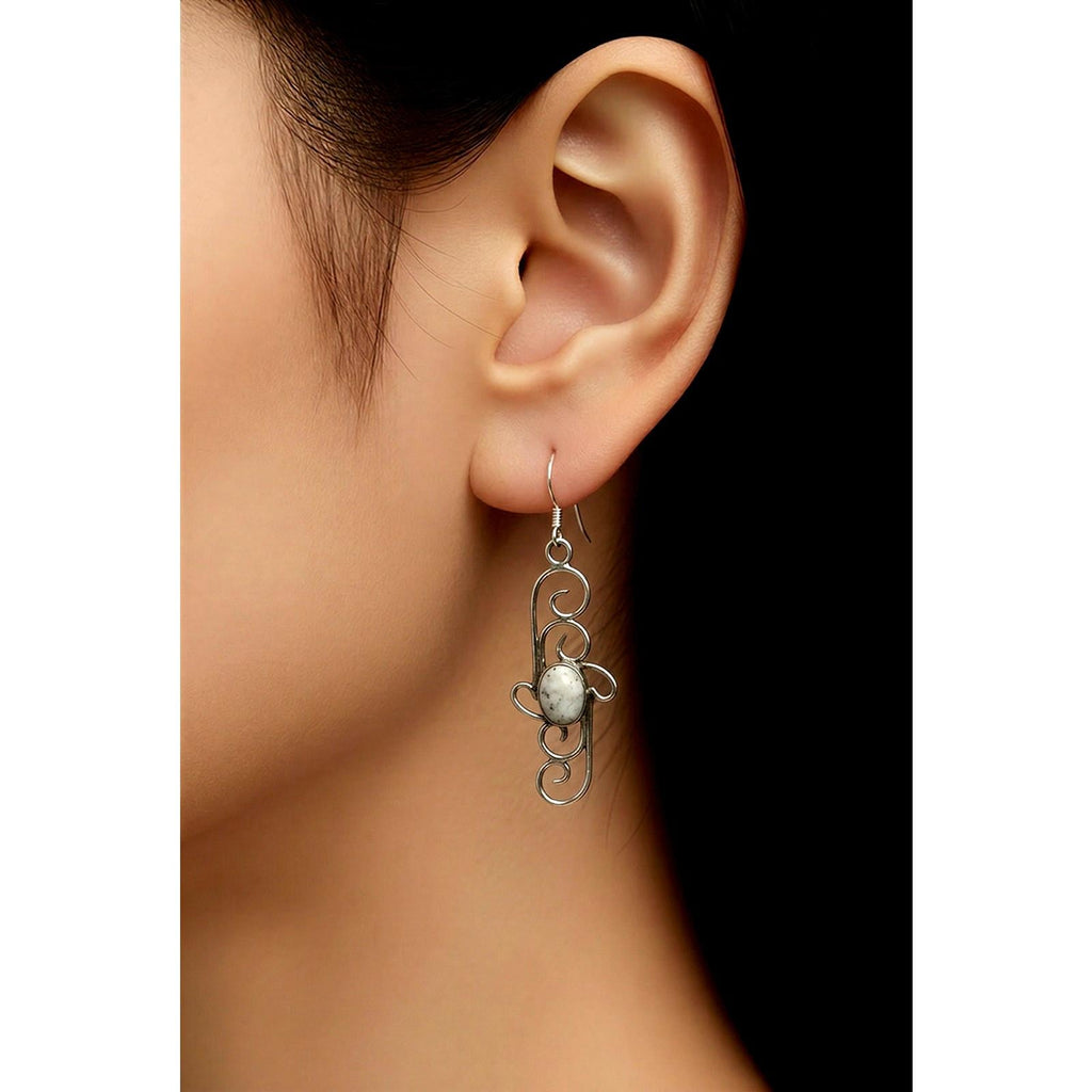 Sheena Jack Navajo Sterling Silver White Buffalo Dangling Earrings
