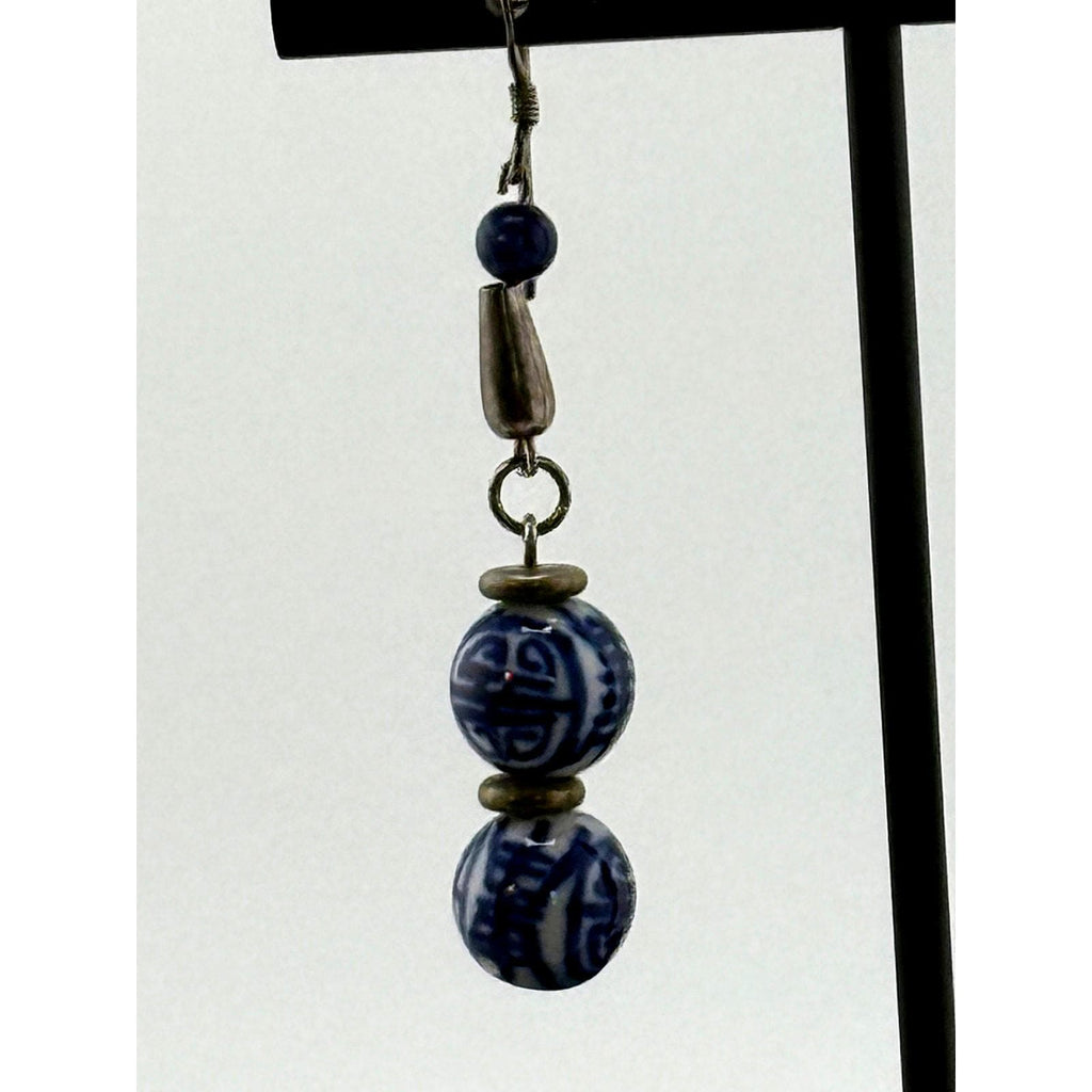 Vintage Asian Blue Ceramic Sterling Silver Dangle Earrings