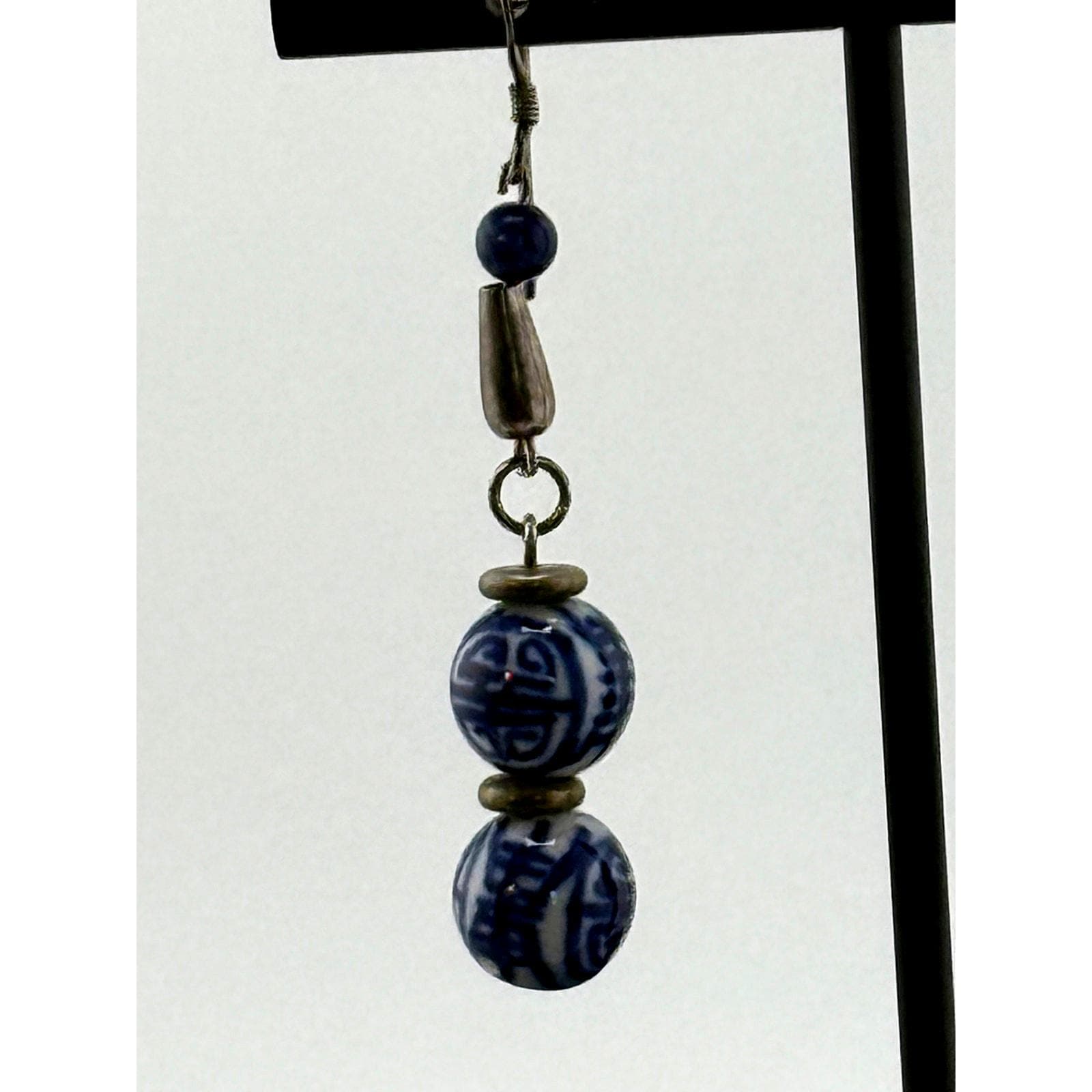 Vintage Asian Blue Ceramic Sterling Silver Dangle Earrings