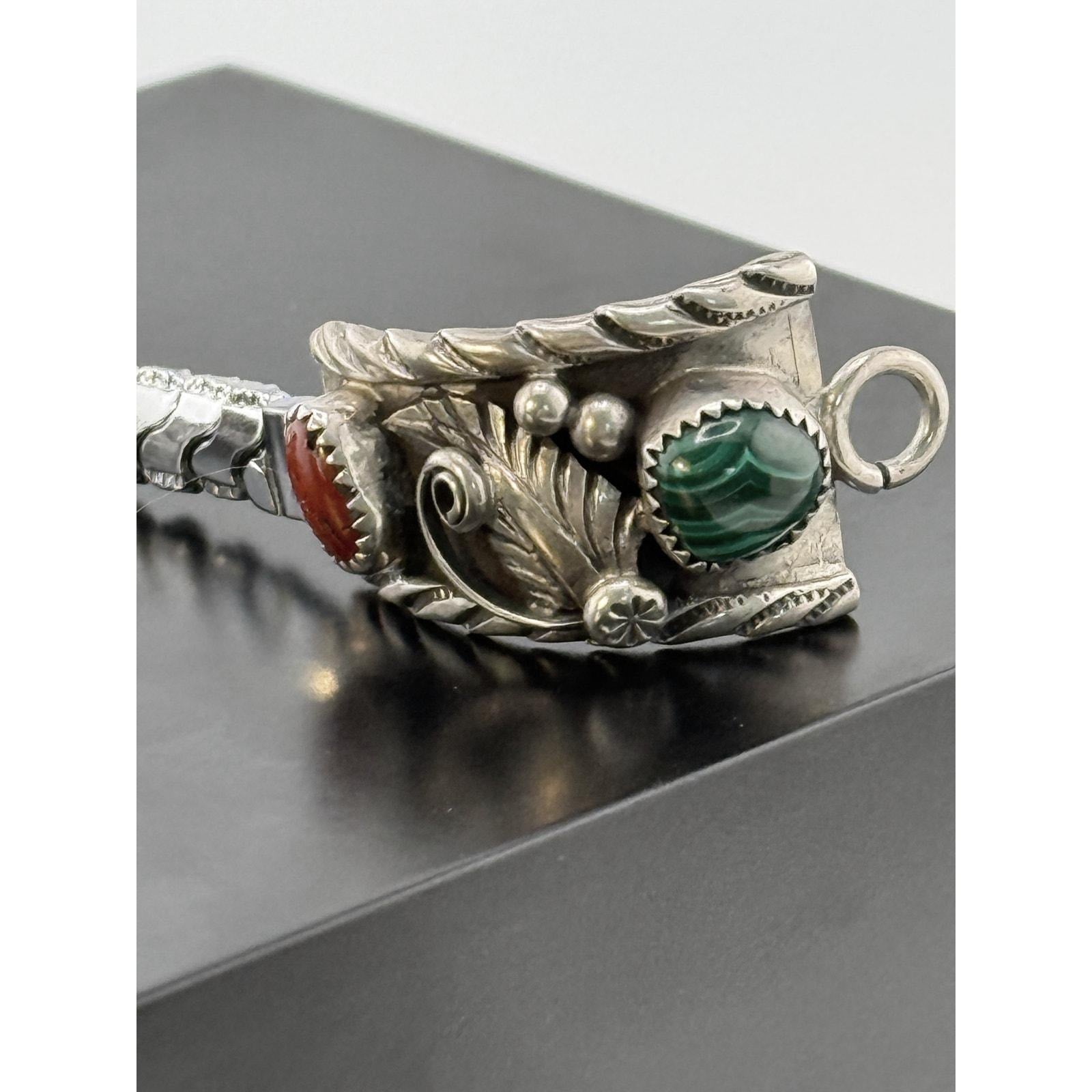Zuni Malachite Coral Sterling Silver Watch Tip Band