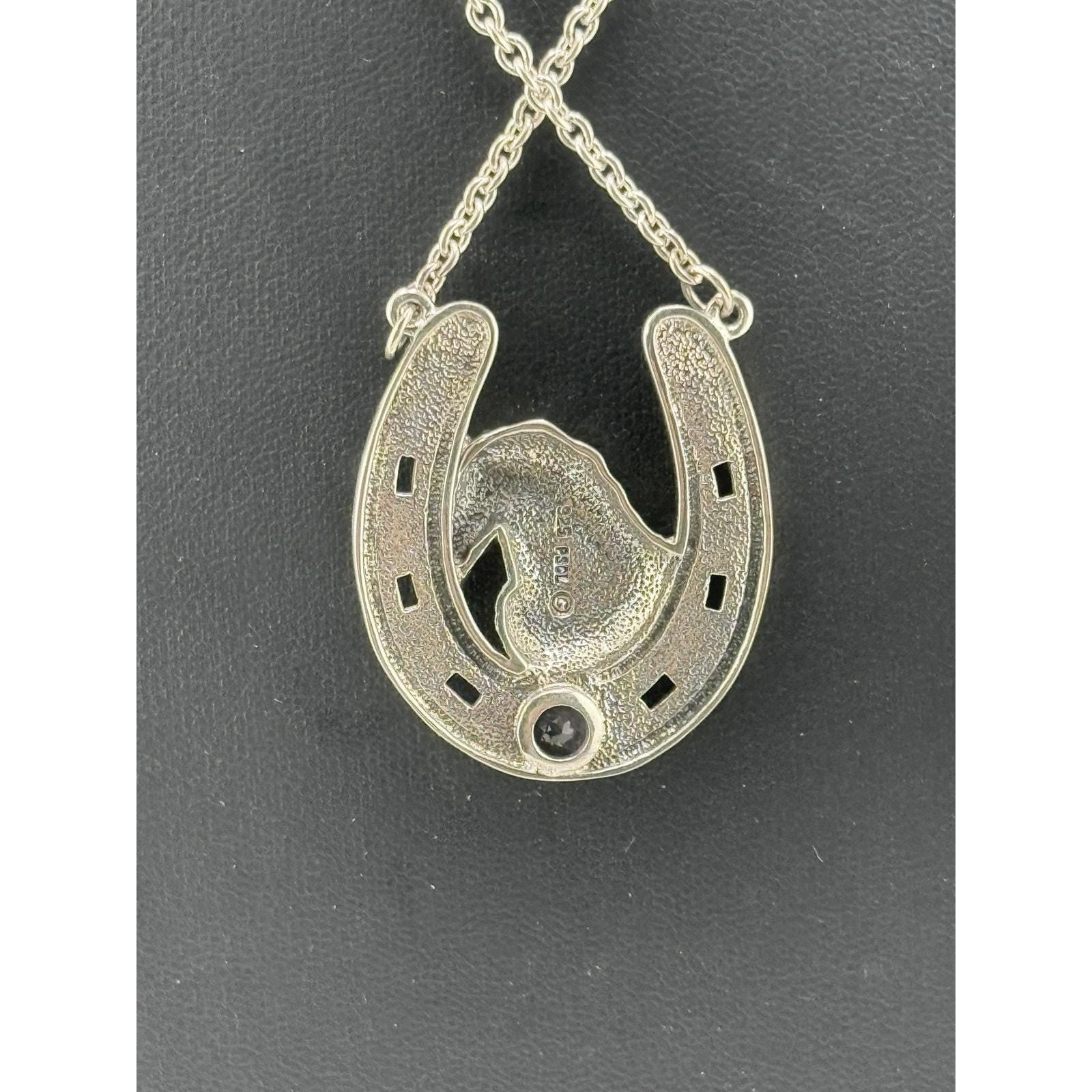 Sterling Silver Horseshoe With Friesian Horse Amethyst Stone Pendant Necklace