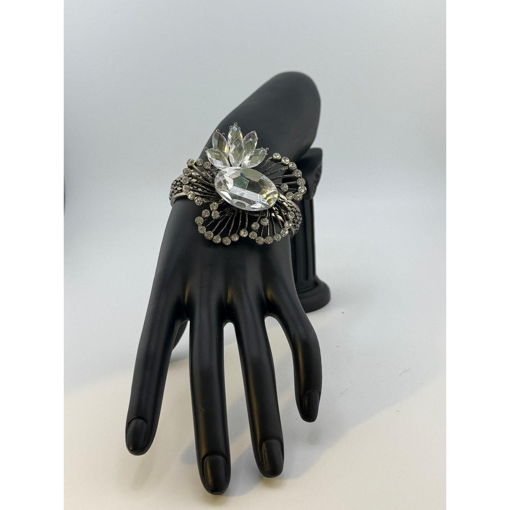 Vintage Sterling Silver Raised Rhinestone Flair Hinged Bracelet