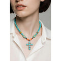 Native American Turquoise - Howlite - Coral Cross Pendant Necklace