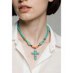 Native American Turquoise - Howlite - Coral Cross Pendant Necklace