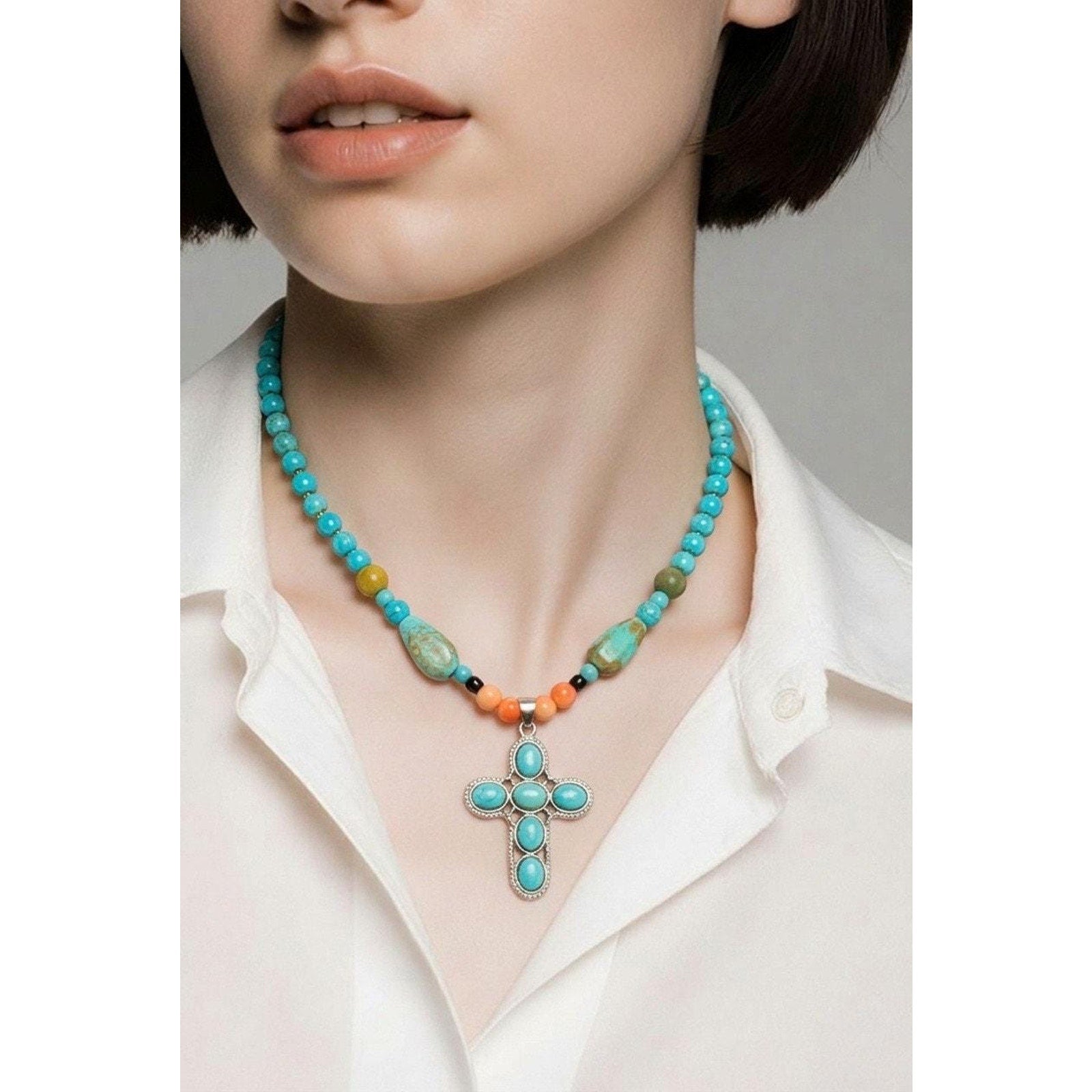 Native American Turquoise - Howlite - Coral Cross Pendant Necklace