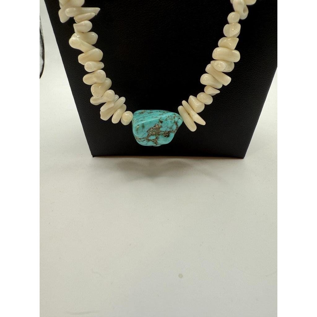 Native American White Coral, Turquoise, Seashell Necklace