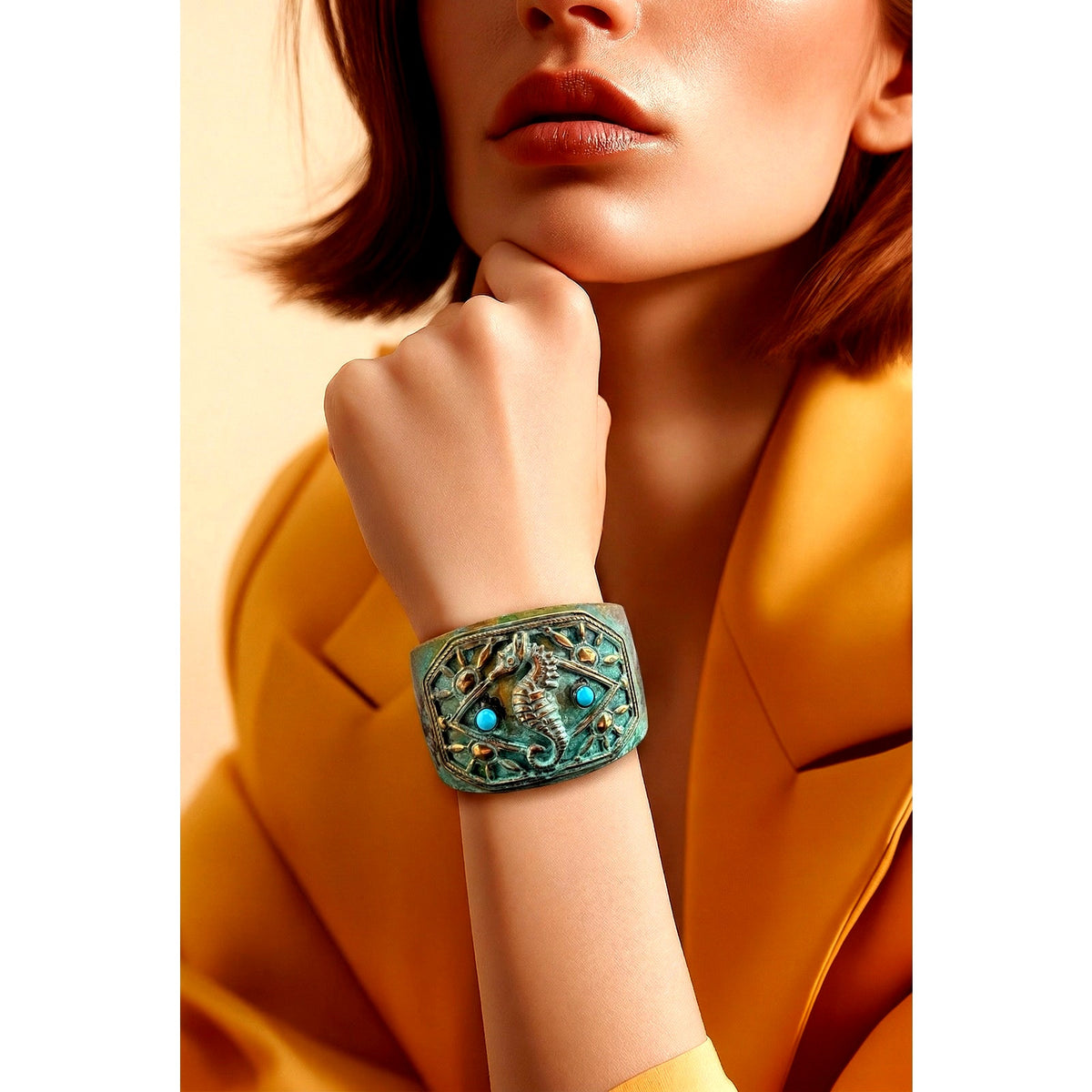 Elaine Coyne Verdigris Patina Brass Sea Horse Cuff Bracelet - Sarasotabydesign