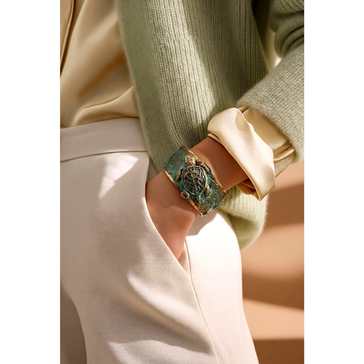 Elaine Coyne Verdigris Patina Brass Three Turtle Cuff Bracelet - Sarasotabydesign