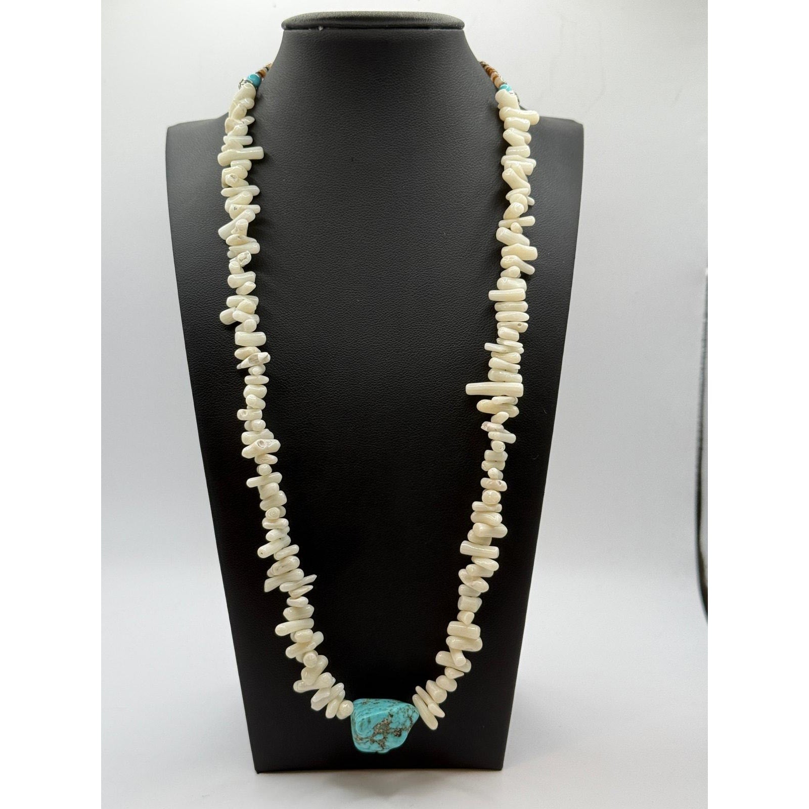 Native American White Coral, Turquoise, Seashell Necklace