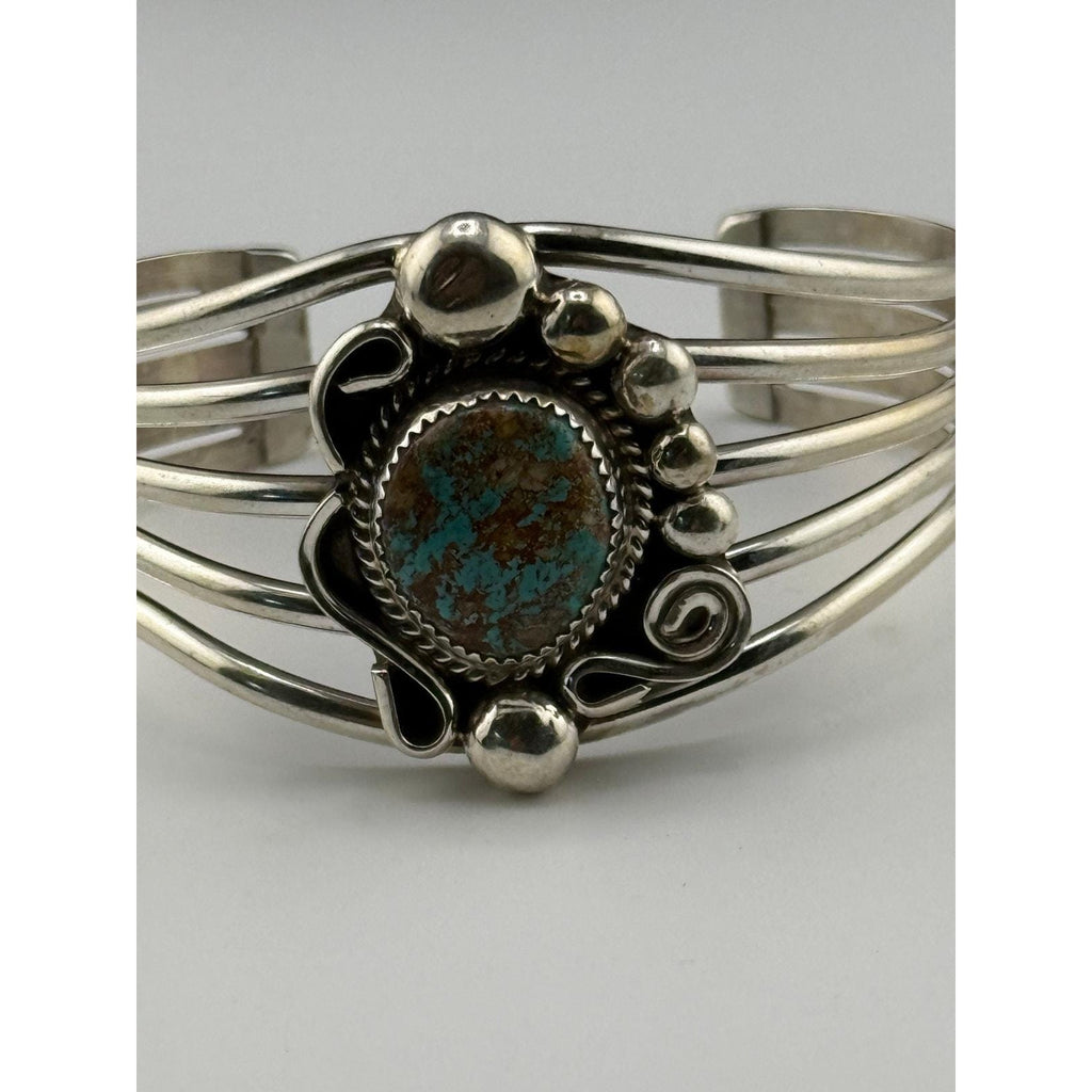 Navajo Ray Nez Sterling Silver Turquoise Cabochon Cuff Bracelet