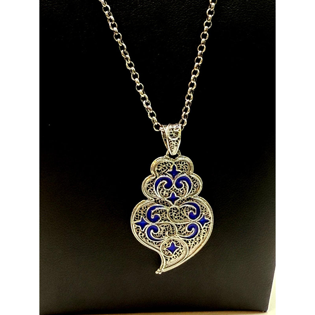 Portuguese Heart of Viana Silver and Enamel Filigree Pendant Necklace