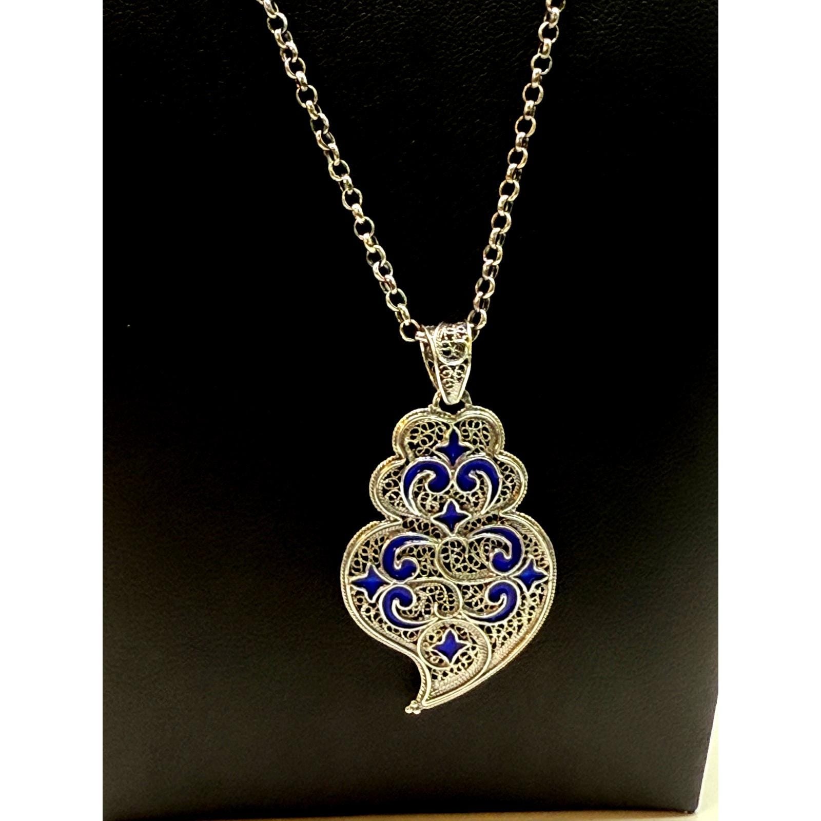 Portuguese Heart of Viana Silver and Enamel Filigree Pendant Necklace