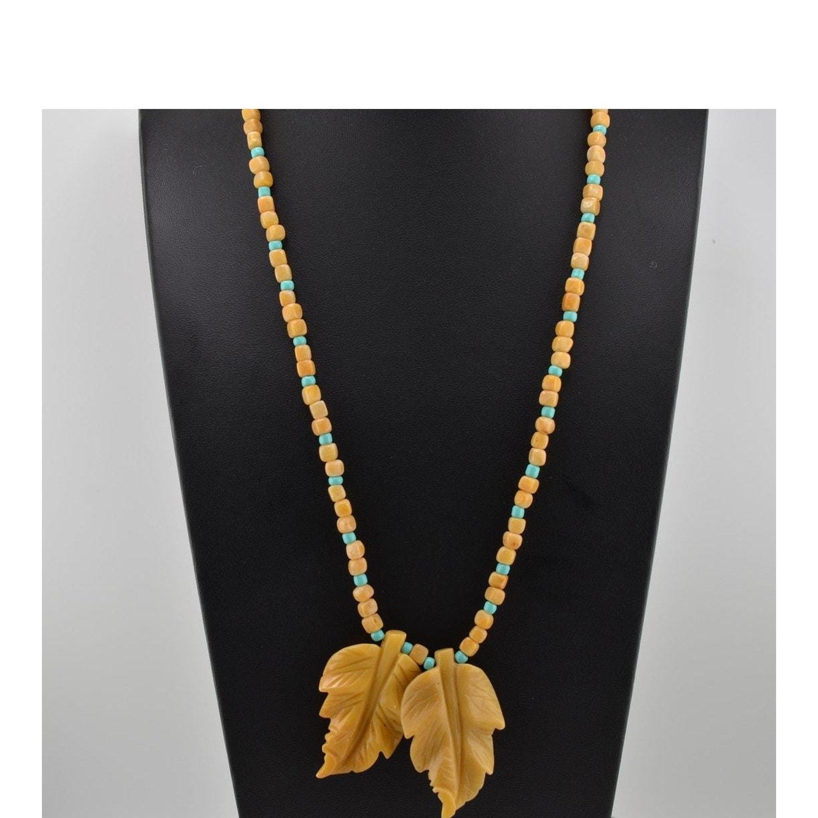Navajo Mary W. Roanhorse Carved Quartz Leaf Pendant Necklace