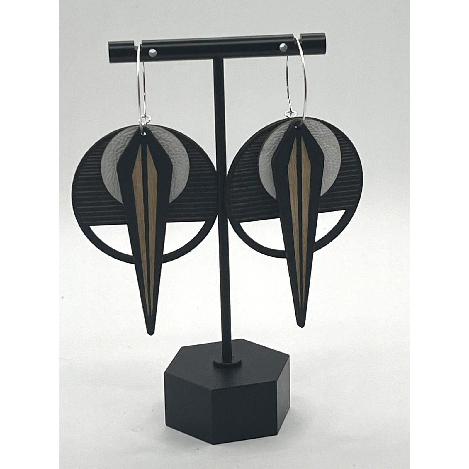 Architectural Lightweight Leather and Birch Earrings Naja Blk