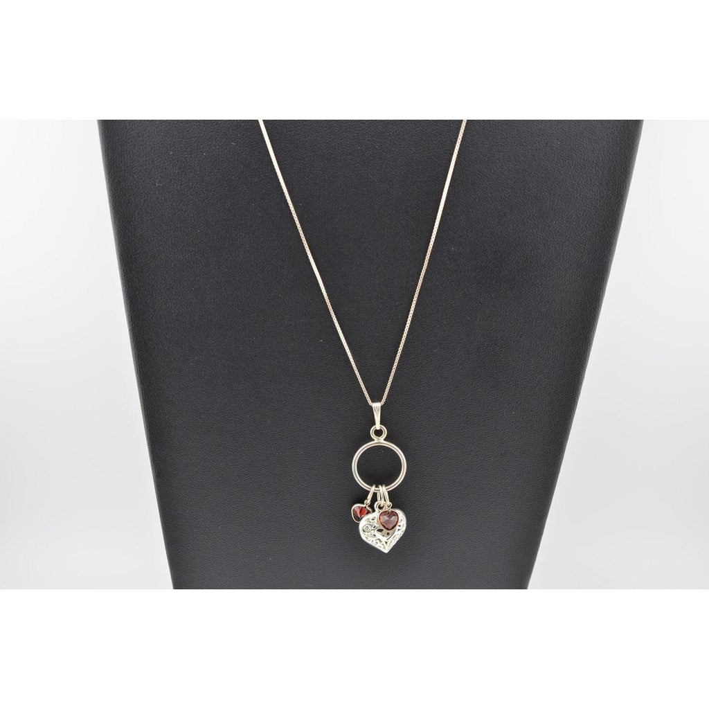 Vintage 925 Italy Sterling Silver Heart Garnet Pendant Necklace