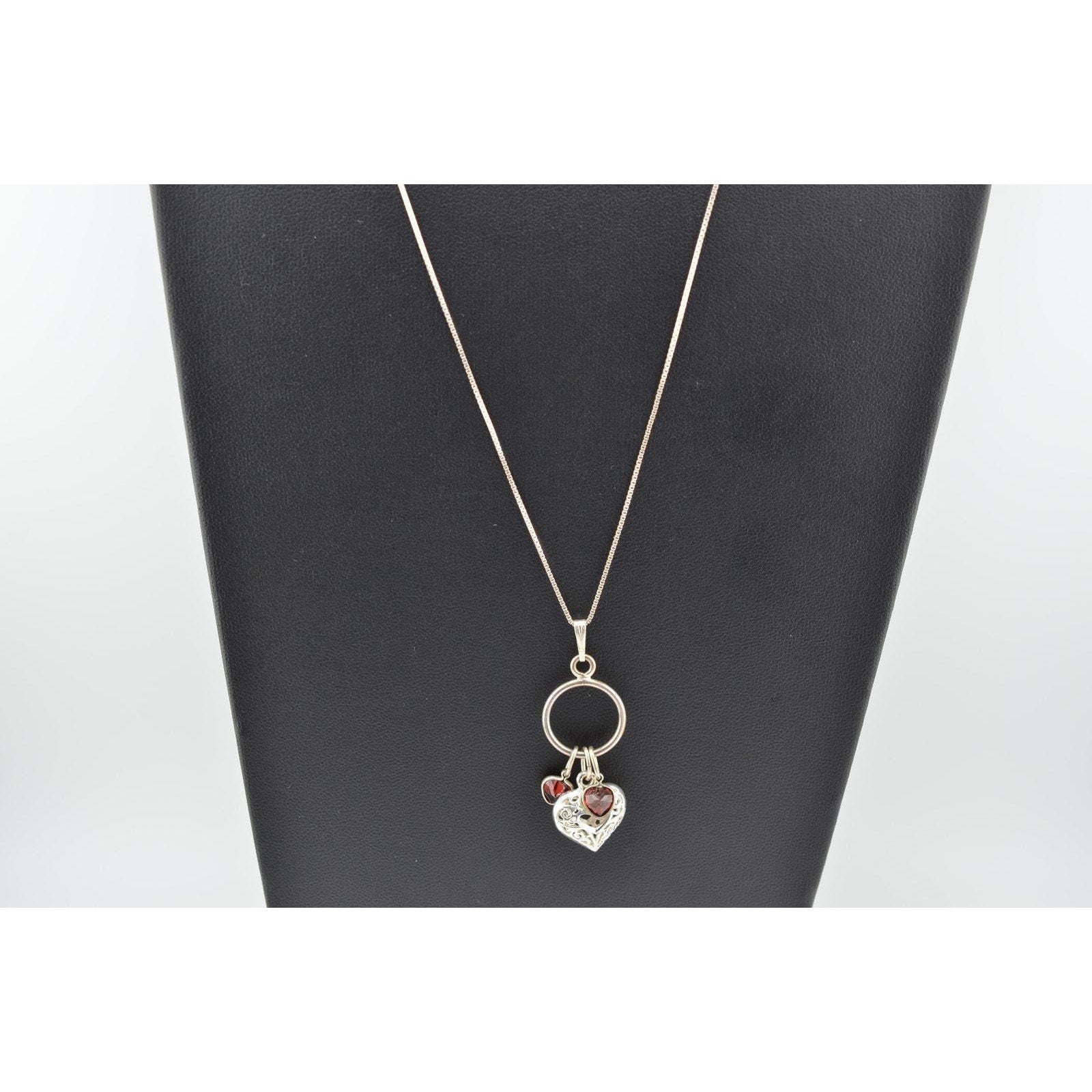 Vintage 925 Italy Sterling Silver Heart Garnet Pendant Necklace