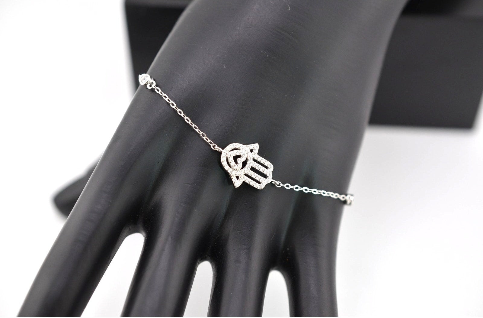 Moroccan 925 Sterling Silver Hamsa Crystal Adjustable Bracelet