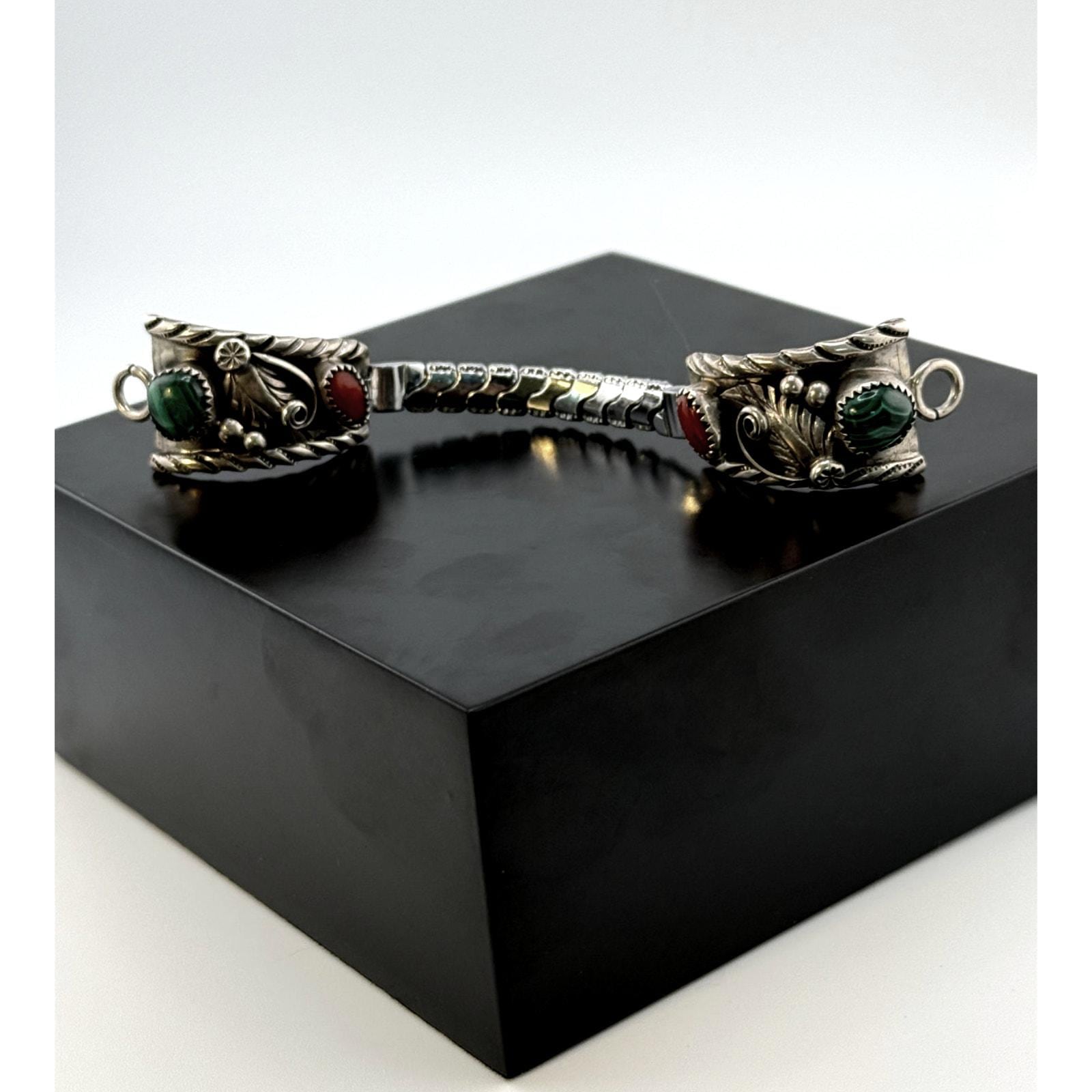 Zuni Malachite Coral Sterling Silver Watch Tip Band