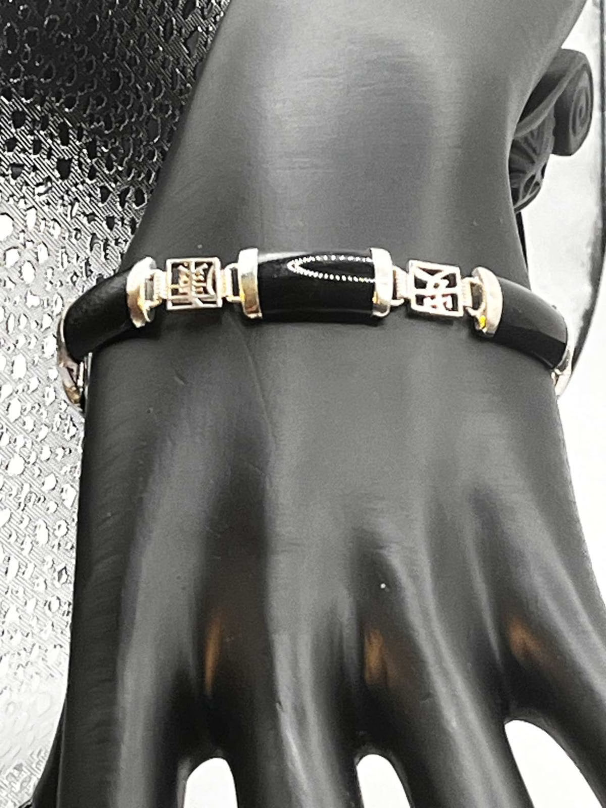 Vintage 925 Sterling Silver and Onyx Link Bracelet Signed FAS