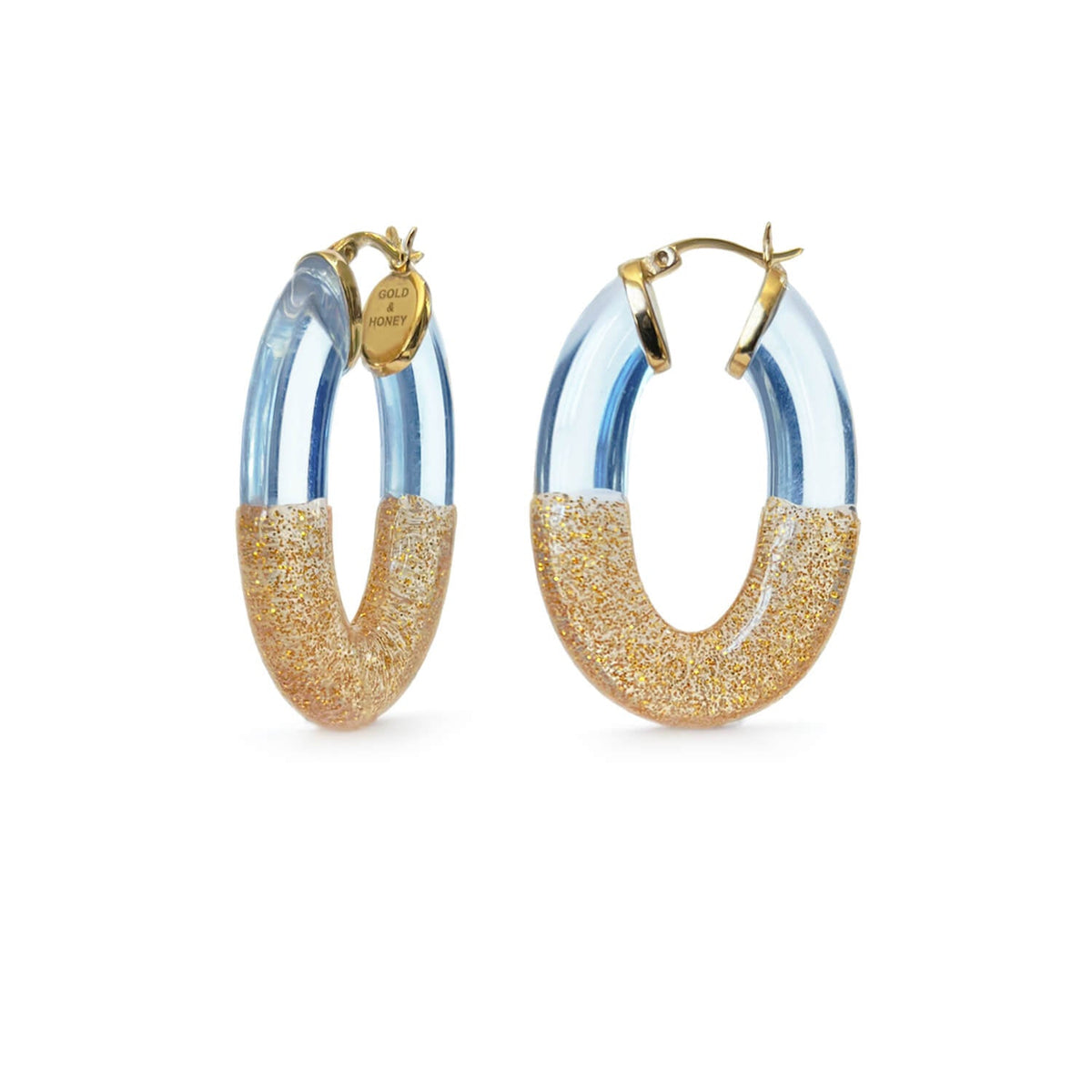 Gold & Honey Glitter Flat Oval Lucite Hoop Earrings