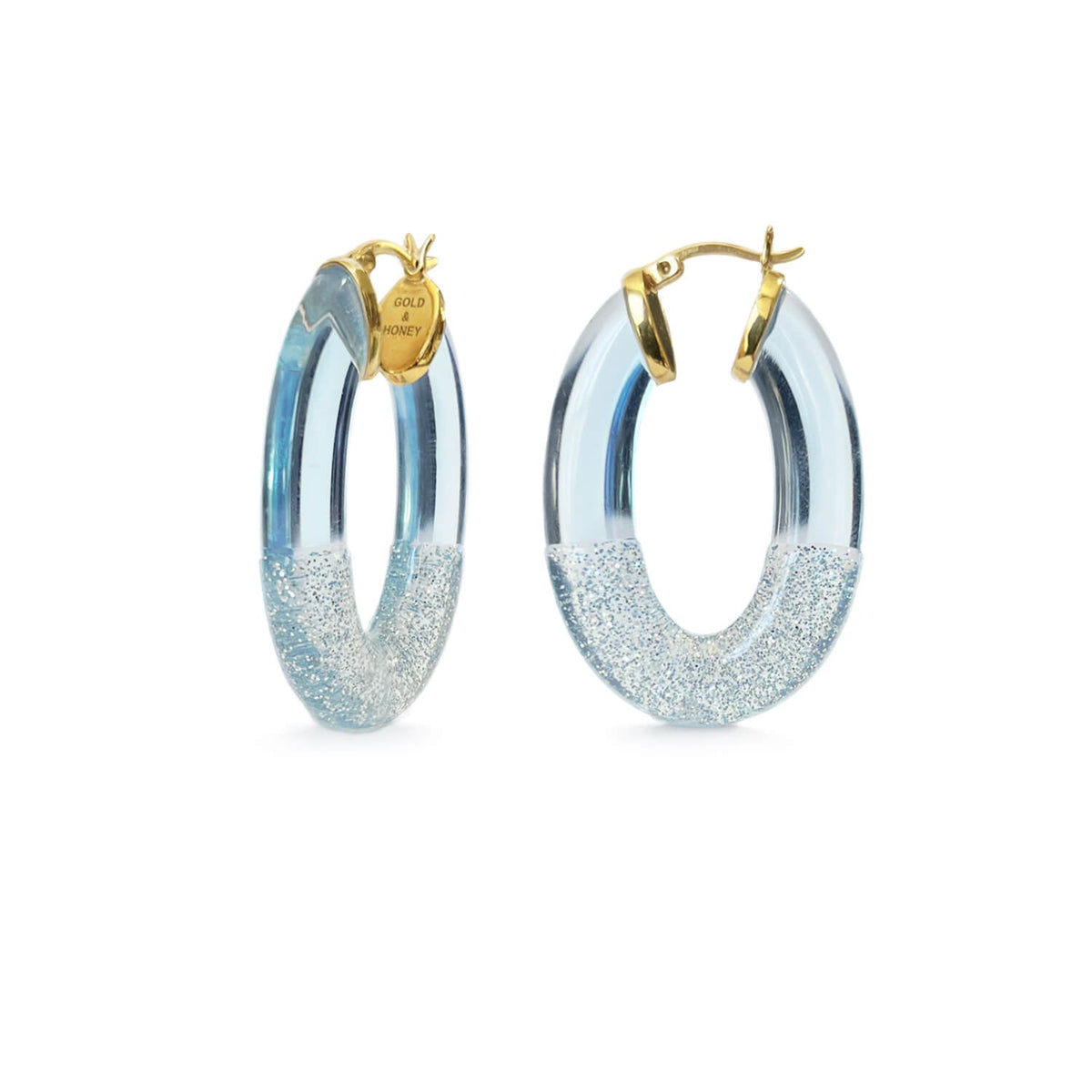 Gold & Honey Glitter Flat Oval Lucite Hoop Earrings