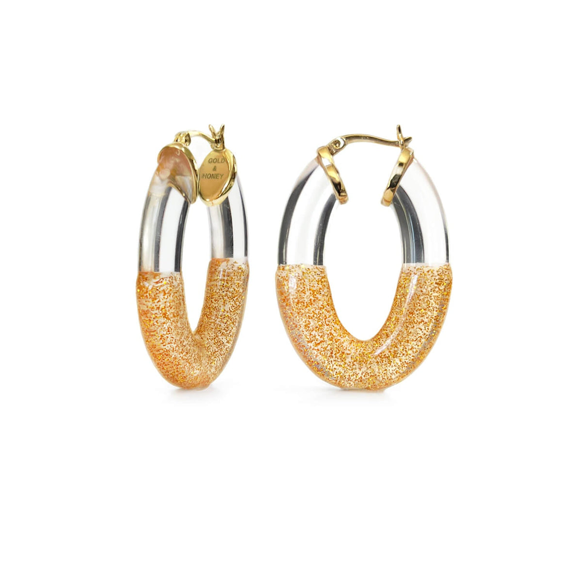 Gold & Honey Glitter Flat Oval Lucite Hoop Earrings