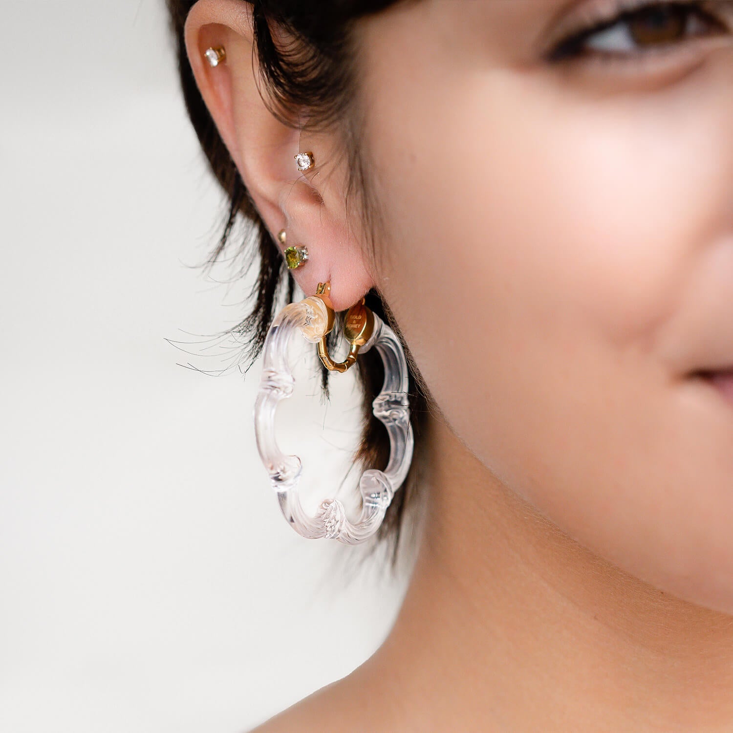 Gold & Honey Flower Bamboo Lucite Hoop Earrings