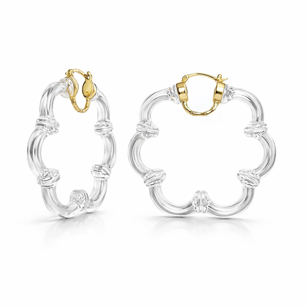 Gold & Honey Flower Bamboo Lucite Hoop Earrings